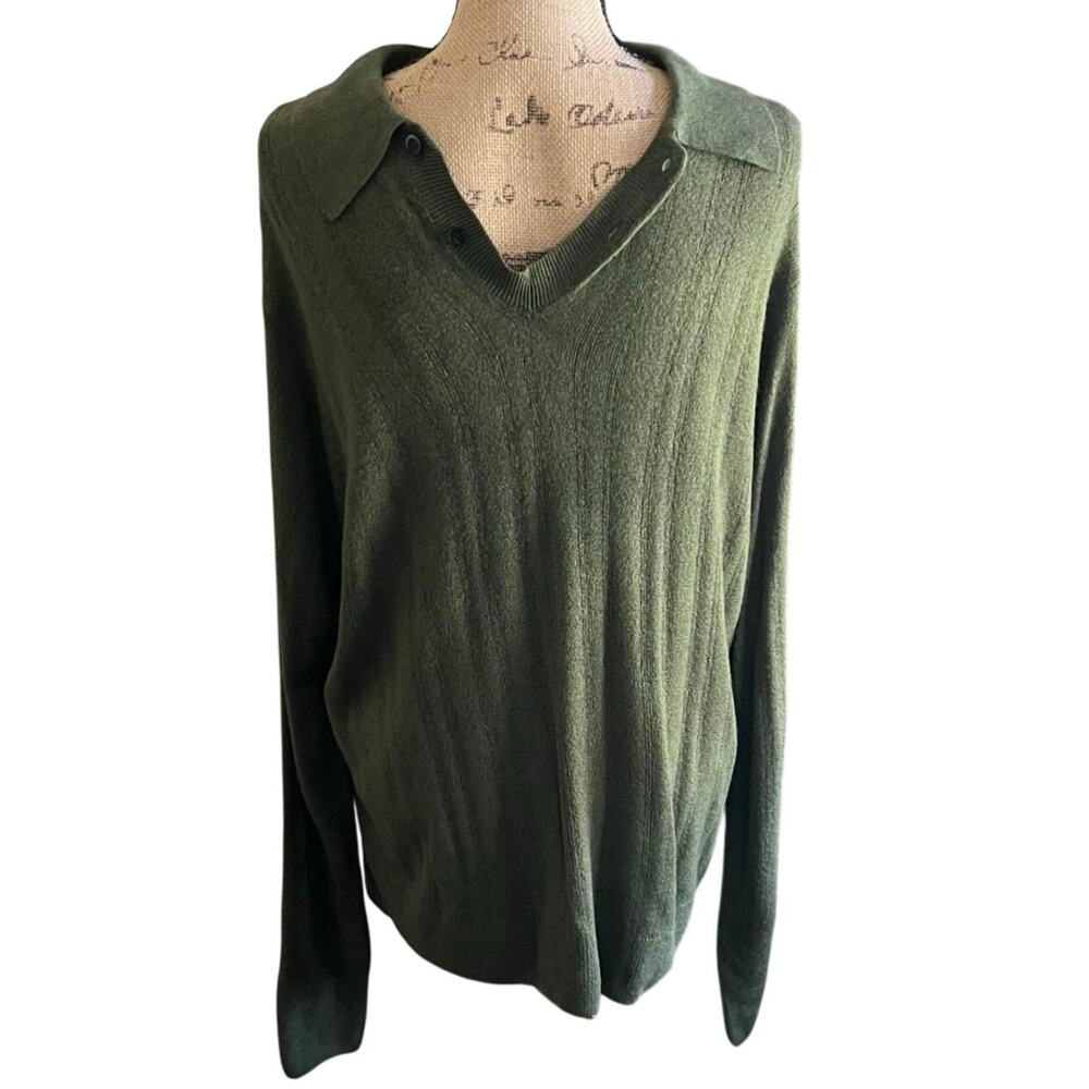 Vintage 90s Olive Button Collar Sweater Mens L Polo Cozy Minimalist - Picture 17 of 17